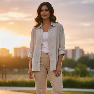 Uniform Medium 100% Linen Shirt Beige Button Up Eyelet Cream Light Top Jacket